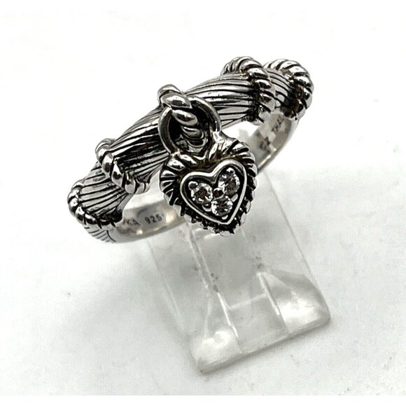 Judith Ripka Sterling Silver 925 CZ Dangle Heart Charm Ring Sz 9 - Picture 2 of 9